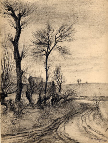 Aisne Drôle de guerre 1940 Au cantonnement à Montbréhain (Aisne) pendant la drôle de guerre. Craie noire 285 x 220 Daté Mars 1940