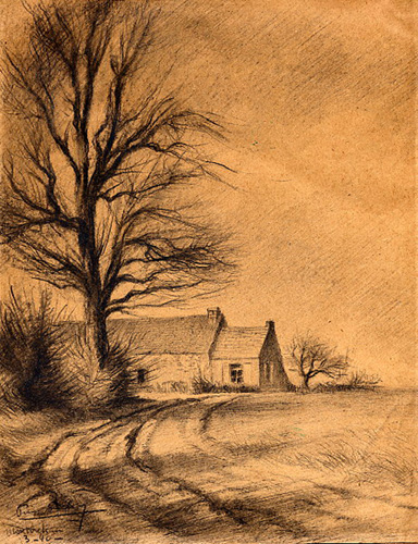 Aisne Drôle de guerre 1940 Chemin tournant, arbre et maison à Montbréhain. Crayon noir 270 x 210 Daté Mars 1940