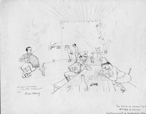 Aisne Drôle de guerre 1940 Le cours d'observation en plein rendement à Montbréhain. Plume 210 x 270 Daté 2.40