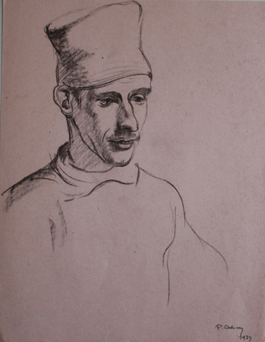 Aisne Drôle de guerre 1940 Portrait de Gourlain, un soldat du 8ème zouave à Montbréhain. Crayon noir 270 x 210. Daté au dos 2-40