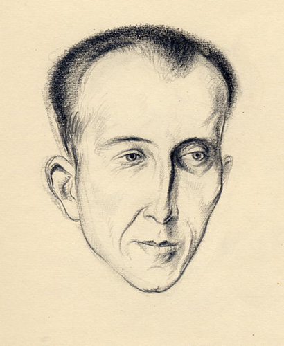 Captivité Allemagne 1941 Portrait d'un prisonnier au visage anguleux AK 637. Crayon noir 285 x 210