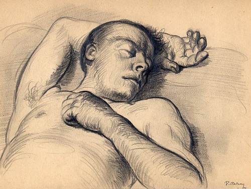 Captivité Allemagne 1941 Sontag endormi Craie noire 210 x 277 Daté 13.07.41