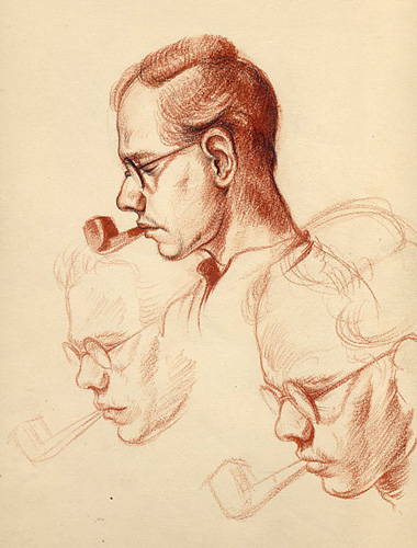Captivité Allemagne 1942 Laurent, portrait et deux esquisses à la pipe et portant lunettes AK 637. Craie brune 280 x 220
