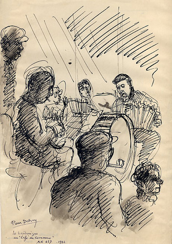 Captivité Allemagne 1942 Le bastringue au Café du Commerce, AK 637 Plume et estompe 295 x 210