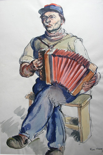 Captivité Allemagne 1942 Le joueur d'accordéon du Kommando. Aquarelle 385 x 250 Daté Juin 42