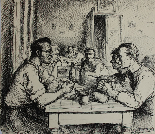 Captivité Allemagne 1942 Le repas au Kommando AK 637. Plume 250 x 312