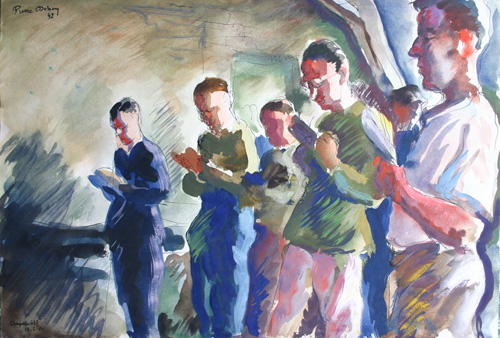 Captivité Allemagne 1942 Les paroissiens en prière AK 637 Aquarelle  272 x 400 Daté 14.06.42