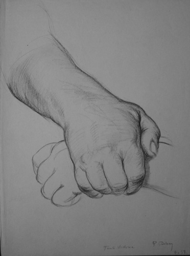 1938 Dessin au crayon noir. Les mains de Tante Victoria. 308 x 230 Daté 4-38