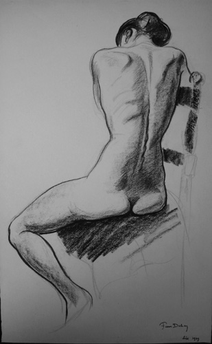1949 Dessin à la craie noire. Lise, nue assise sur une chaise de dos. Croquis Atelier Falguière 452 x  278