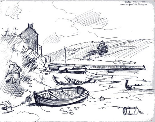 1962 Belle-Isle 5 Croquis de l'arrière-port de Sauzon, barques à marée basse ayant servi de modèle pour un Grand Lavis de 1962. Stylo à billes noir 210 x  265