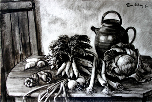 1960 Belle-Isle Lavis Nature morte à la cruche et aux légumes, chez Quérel 520 x 750